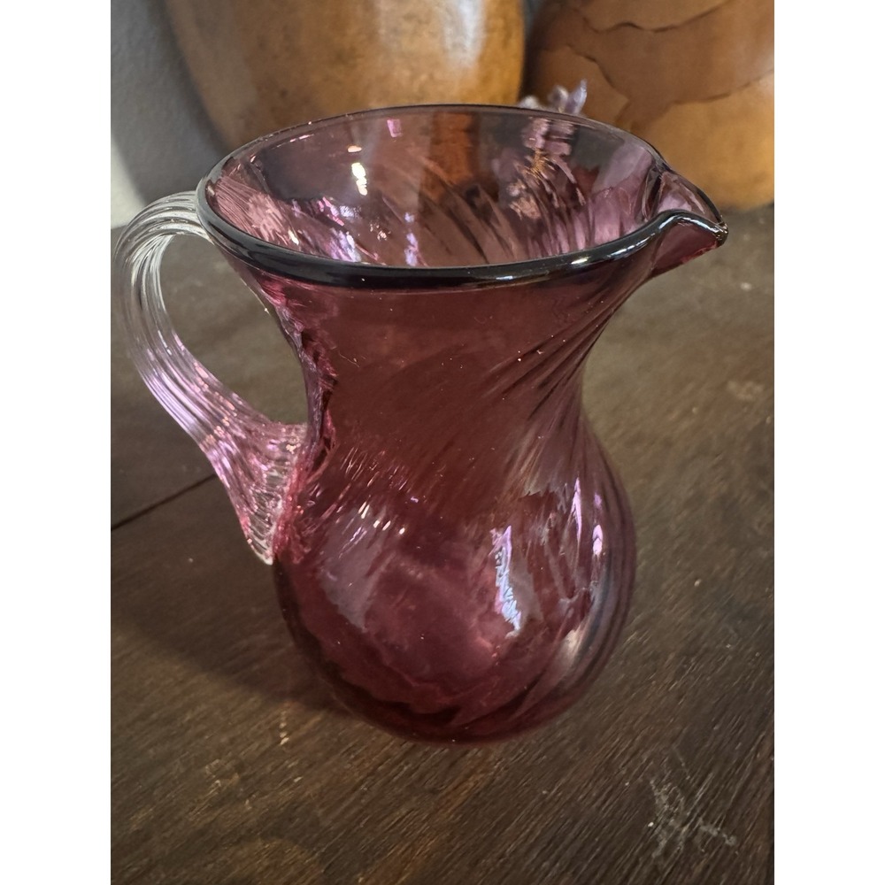 Pilgrim Cranberry Glass Swirl  3" Pitcher Applied Handle Handblown Pre-owned